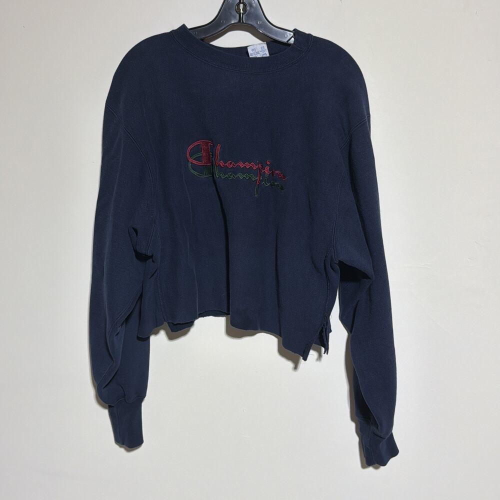 Vintage Reverse Weave Champion Cropped Crewneck XL Embroidered USA Made Blue